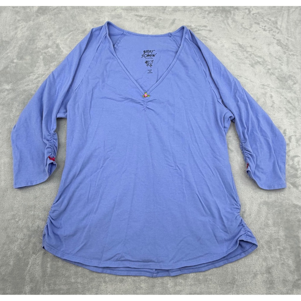 Betsey Johnson Loungewear Top Ruched Sides 3/4 Sleeve Y2K Inspired Large Blue